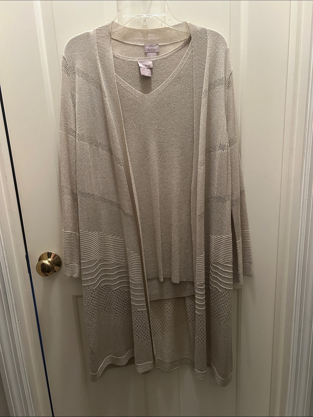 Chico's Taupe-Cream Layered Open-Front Knit Cardigan Set